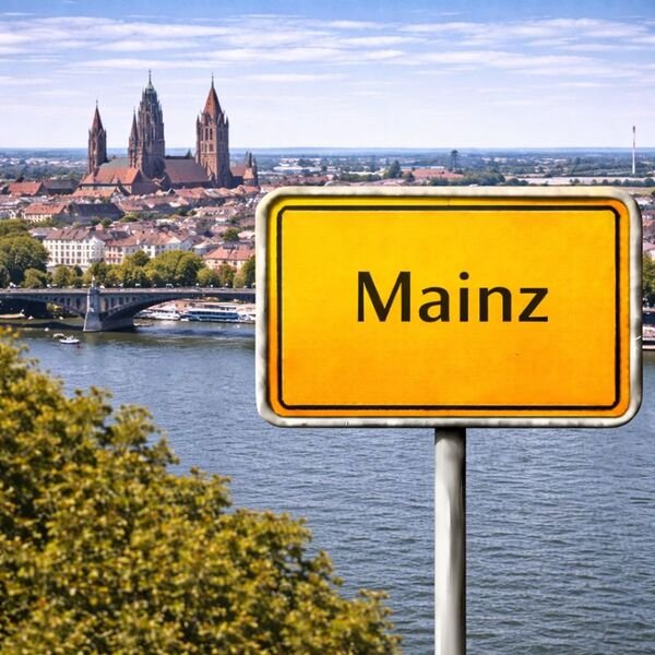 Gelbes Ortsschild Mainz mit Stadt im Hintergrund
