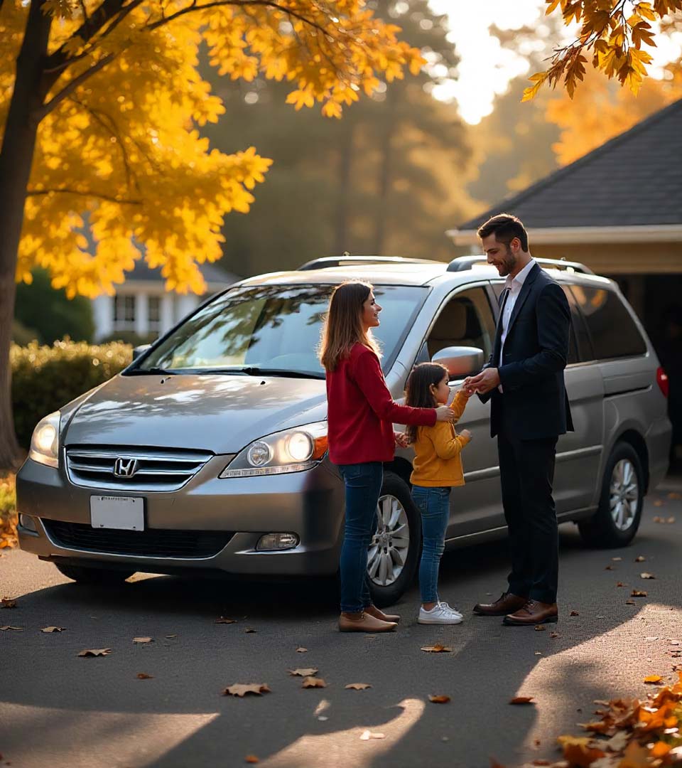 Eine Familie übergibt ein Auto an einen Händler beim Autoankauf Mainz vor dem Haus